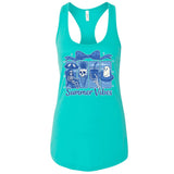 A turquoise tank top with a graphic design featuring a skeleton, a ghost, and a pineapple, along with the text "Summer Vibes".