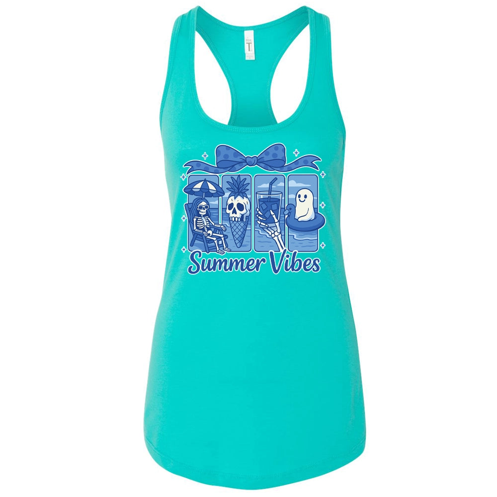 A turquoise tank top with a graphic design featuring a skeleton, a ghost, and a pineapple, along with the text "Summer Vibes".
