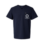 a navy shirt with a white logo on the chest