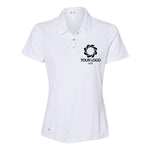 a women's white polo shirt with a black logo