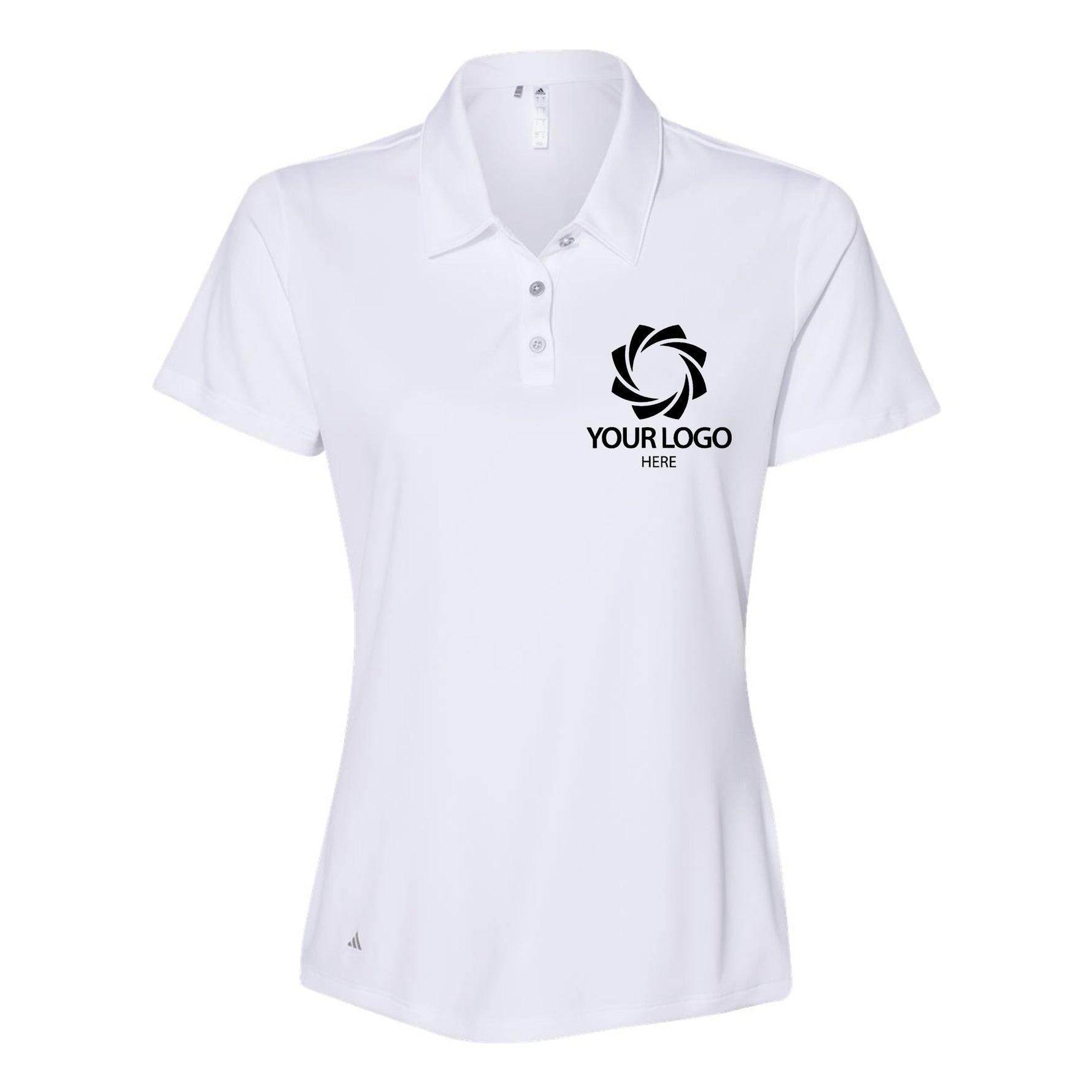 a women's white polo shirt with a black logo