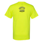 a neon yellow tshirt with a logo on it