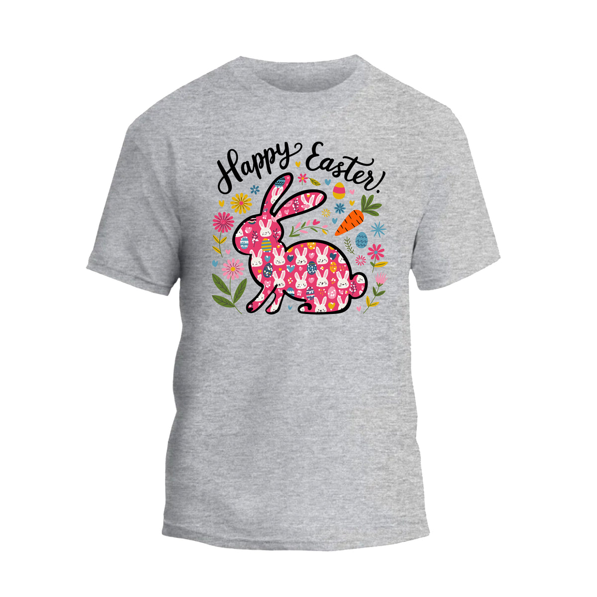 a gray t - shirt with a bunny on it that says happy easter