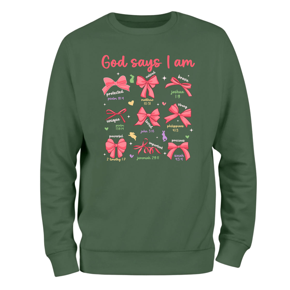 a green sweatshirt with pink bows on it