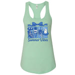 A mint green tank top with a graphic design featuring a skeleton, a ghost, and a palm tree, along with the text "Summer Vibes".