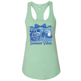 A mint green tank top with a graphic design featuring a skeleton, a ghost, and a palm tree, along with the text "Summer Vibes".