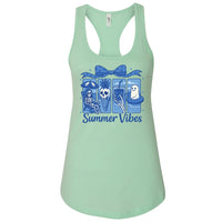 A mint green tank top with a graphic design featuring a skeleton, a ghost, and a palm tree, along with the text "Summer Vibes".