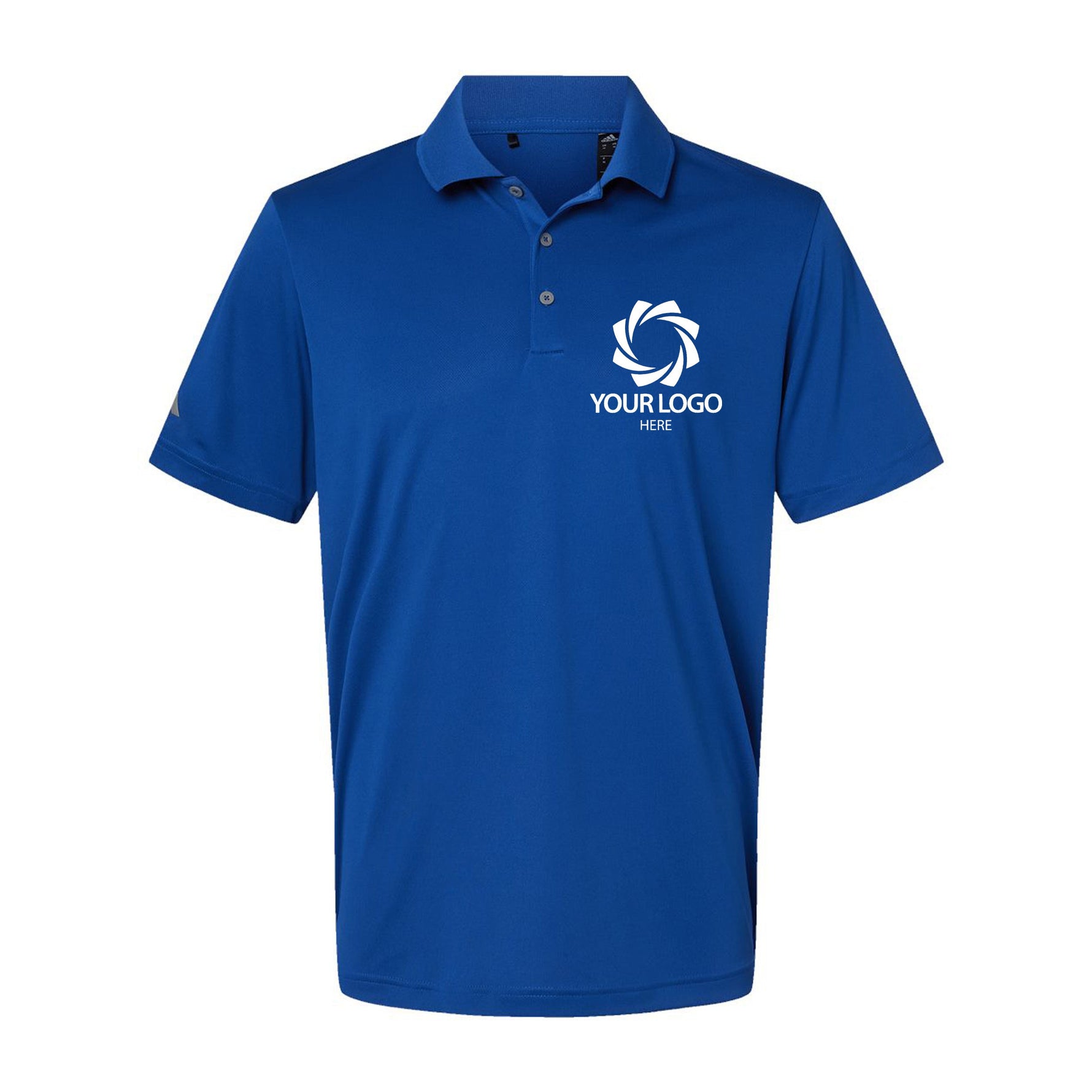 a blue polo shirt with a white logo