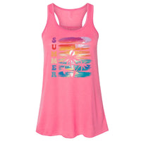 A pink tank top with a graphic design featuring a palm tree and a rainbow.