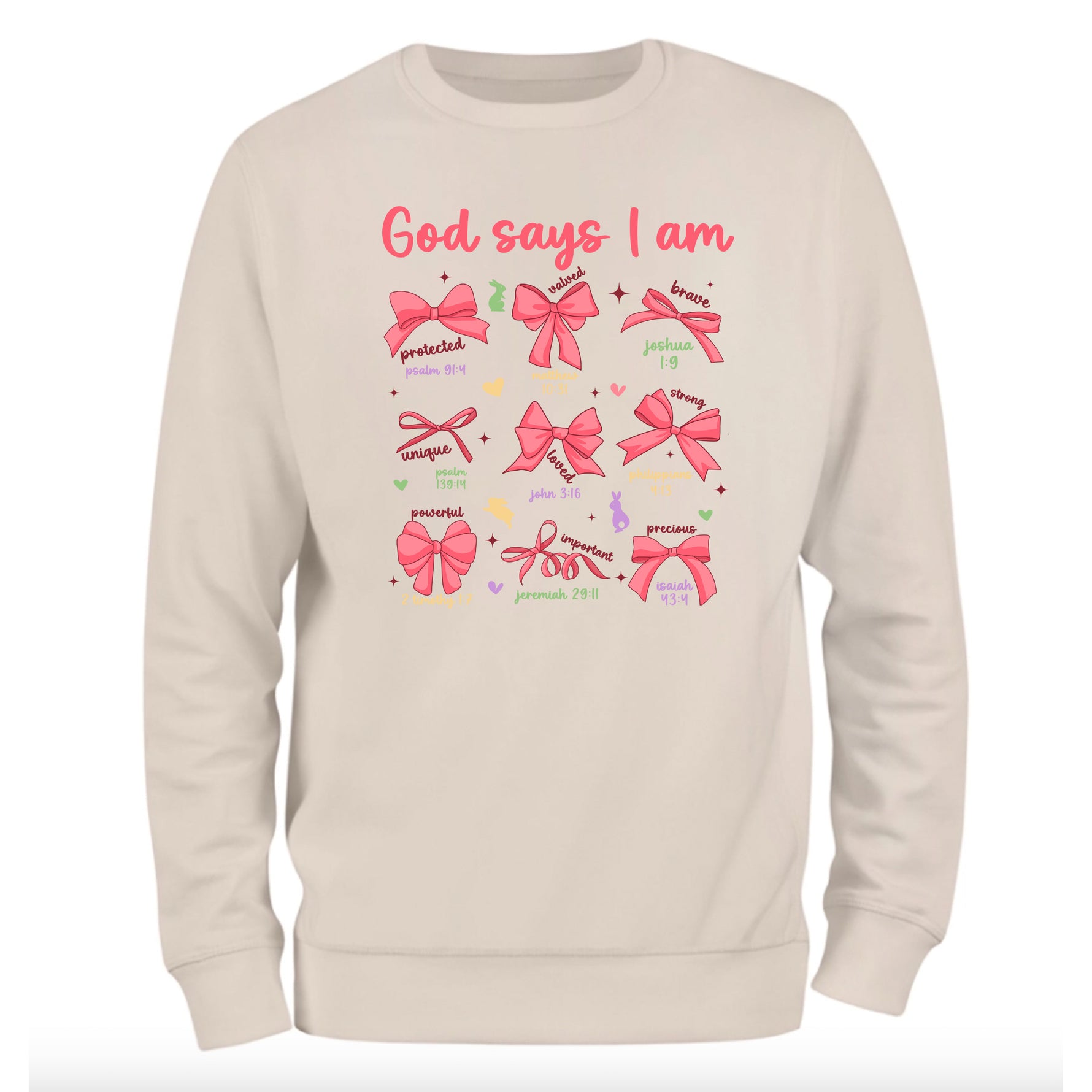 a white sweatshirt with pink bows on it