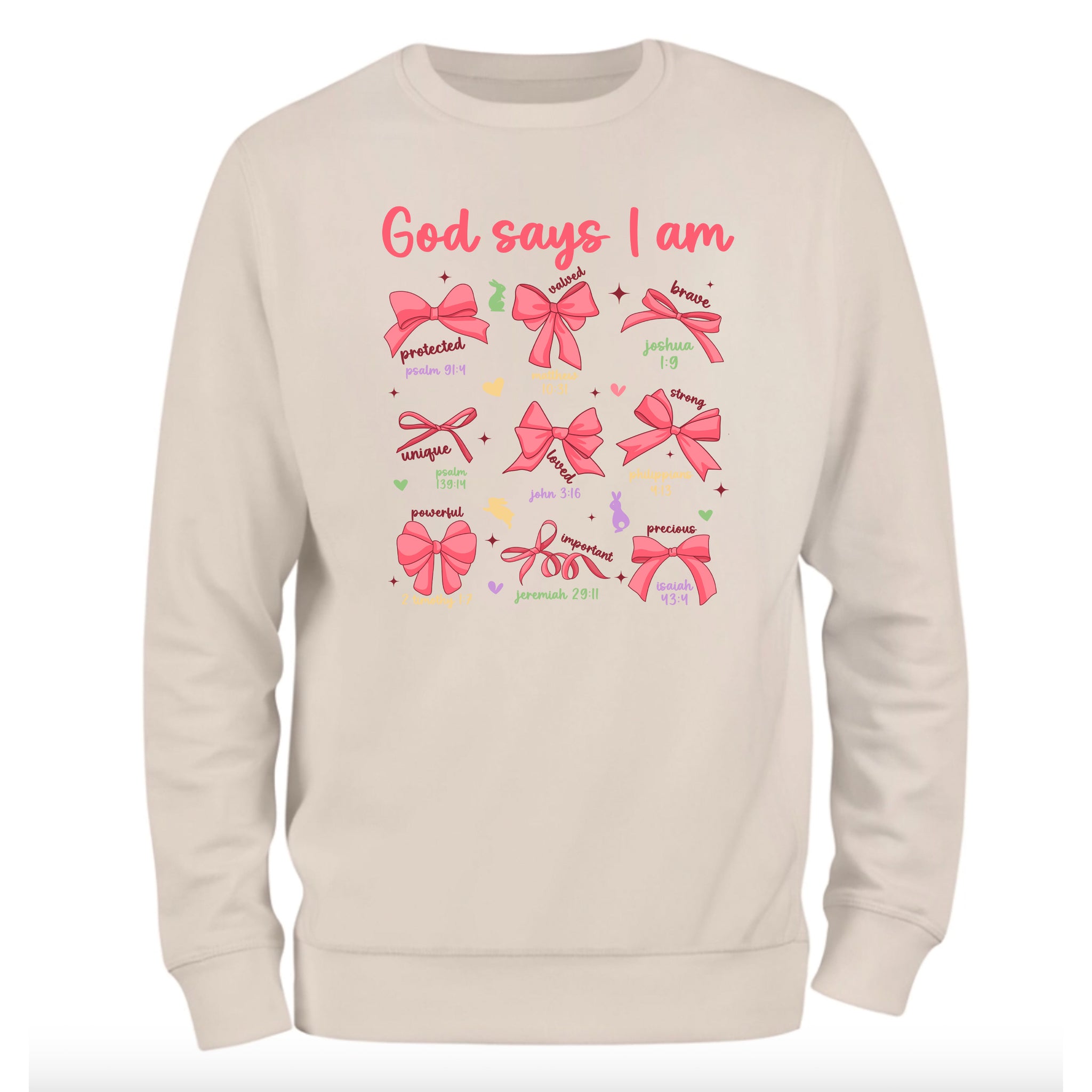 a white sweatshirt with pink bows on it