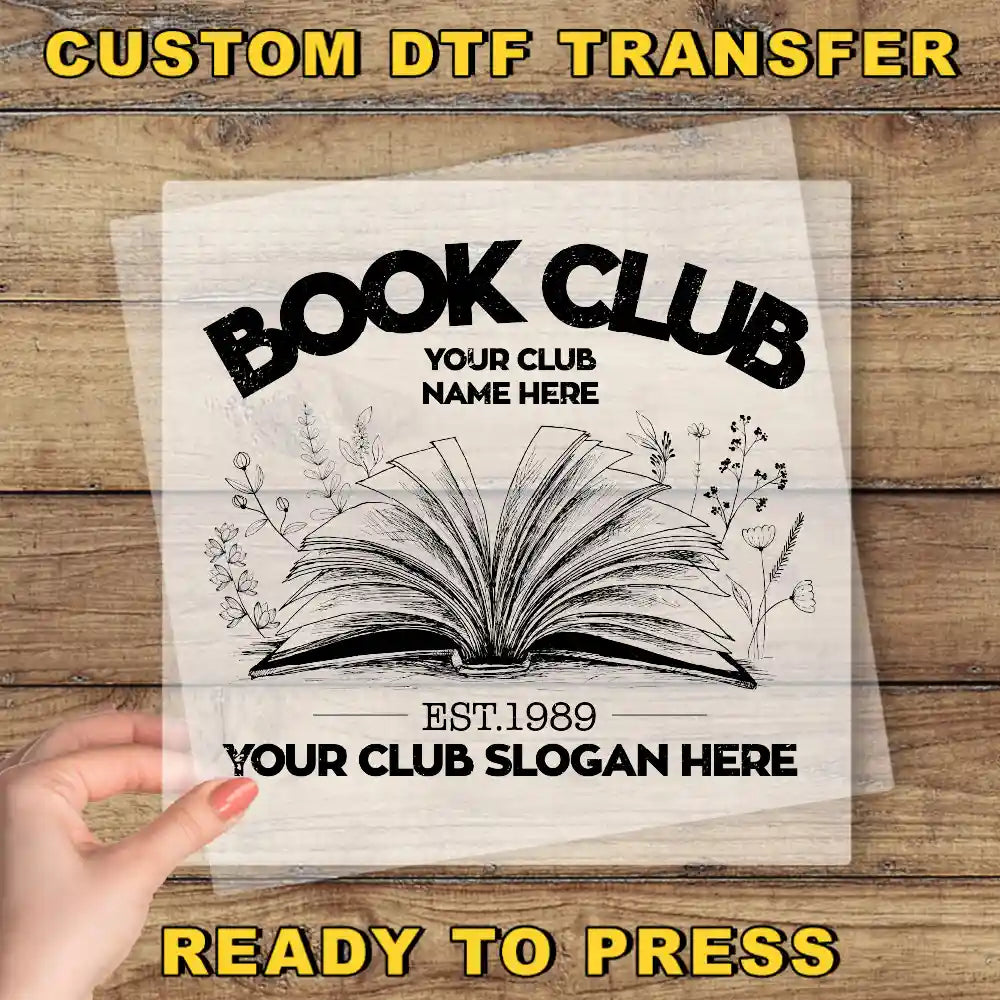 a book club sign with a hand holding a book