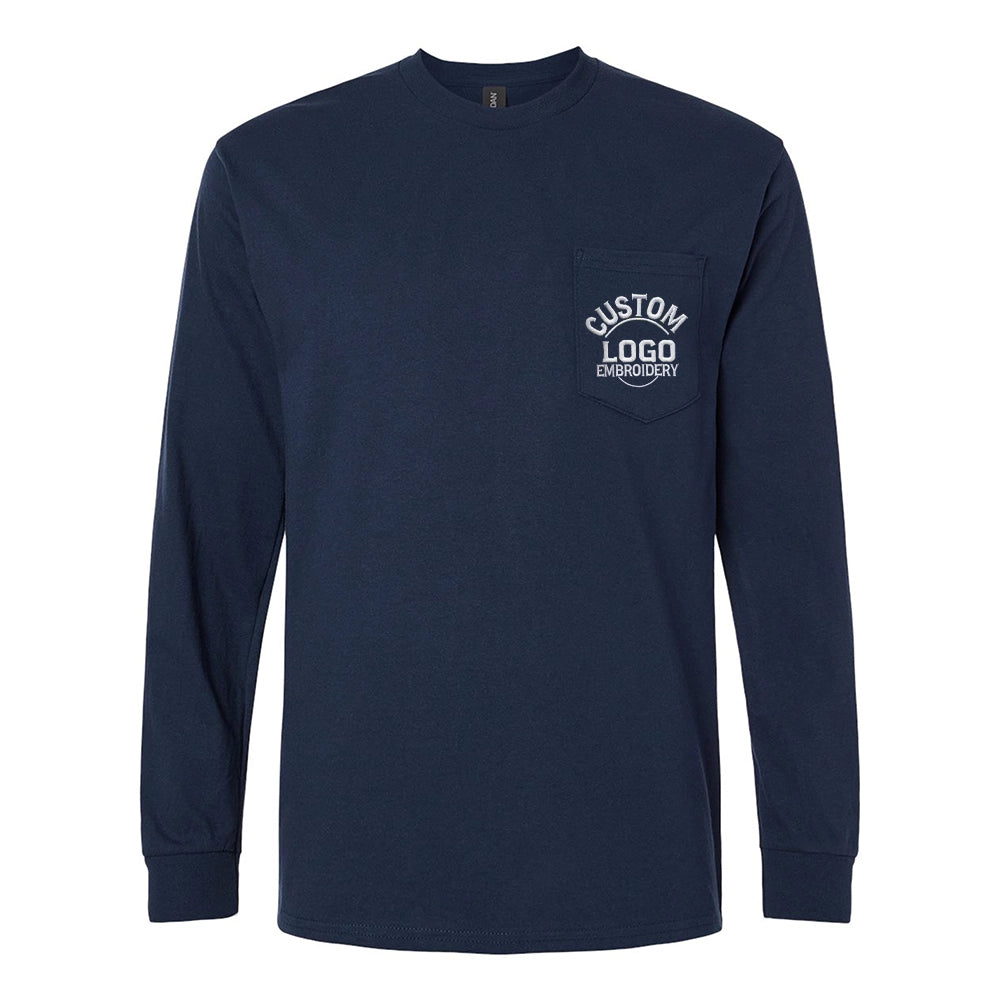 a blue long sleeve shirt with a logo on the chest