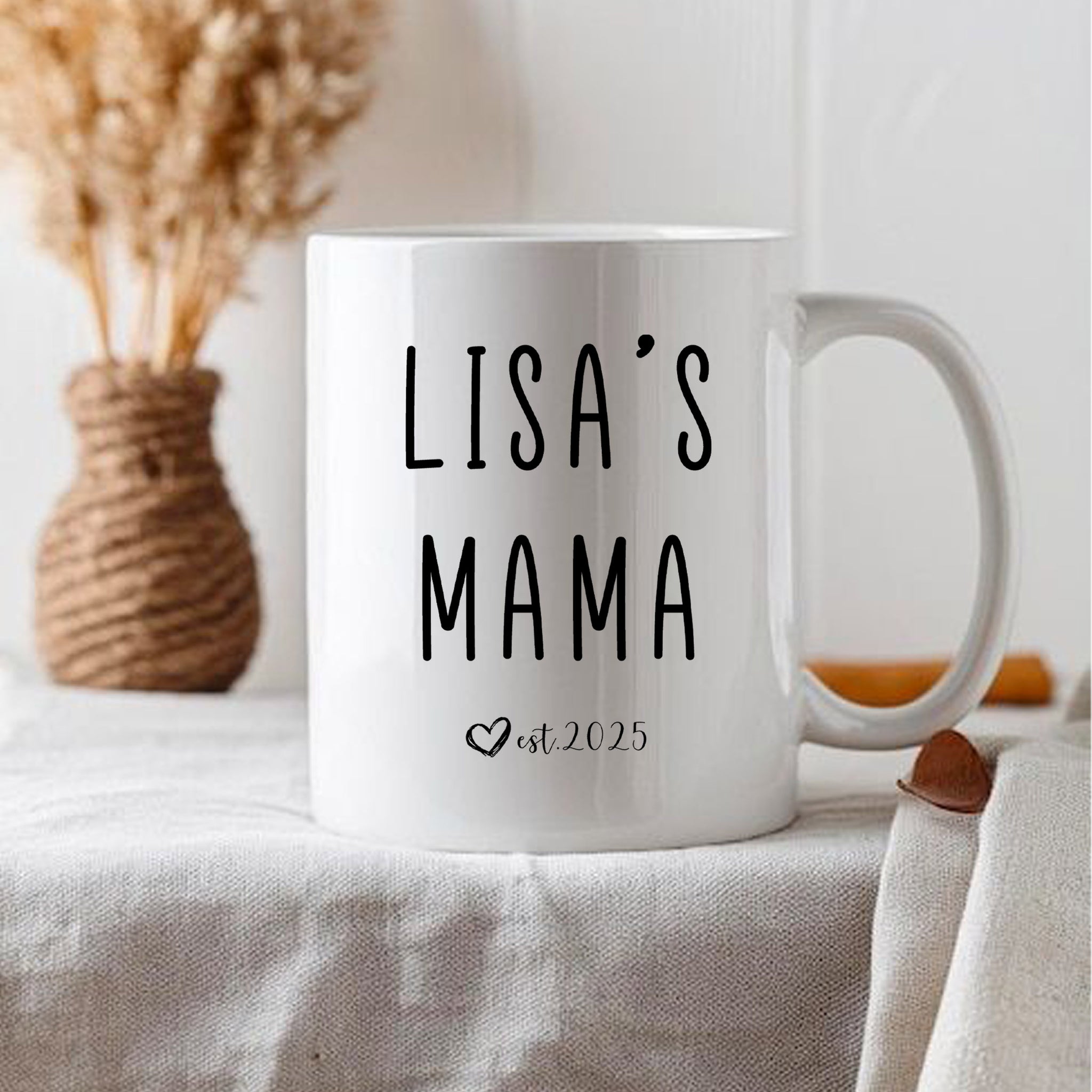 a white coffee mug sitting on top of a table
