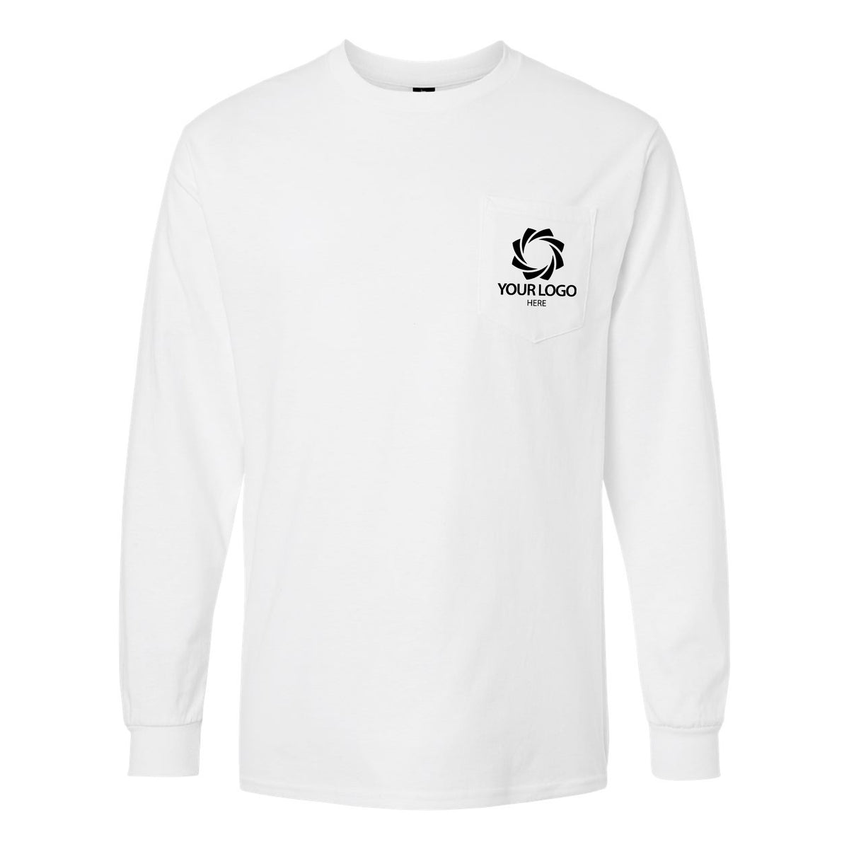a white long sleeve shirt with a black logo on the chest