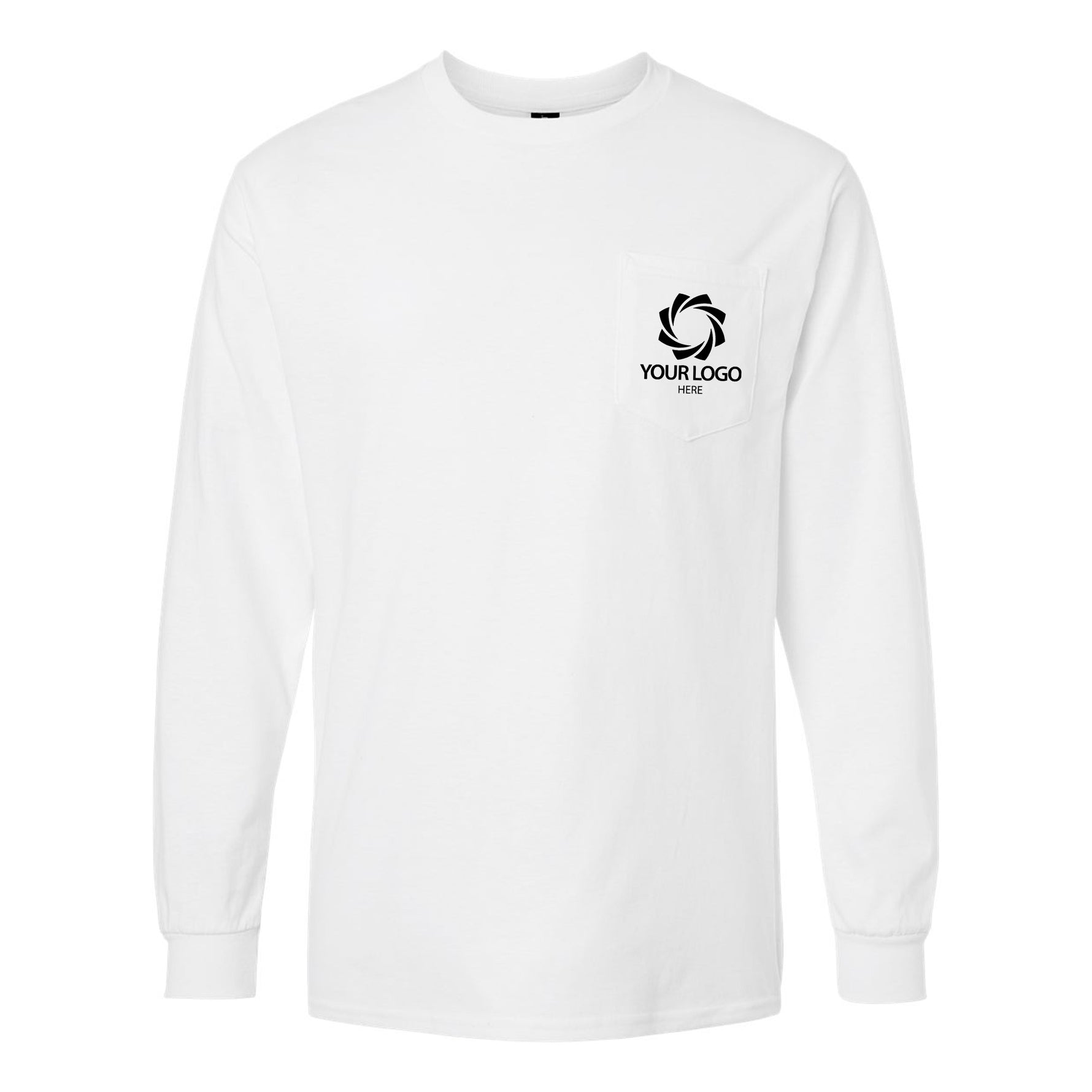 a white long sleeve shirt with a black logo on the chest