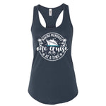 A navy blue tank top with a graphic design featuring a cruise ship and the text "Making memories one cruise at a time".
