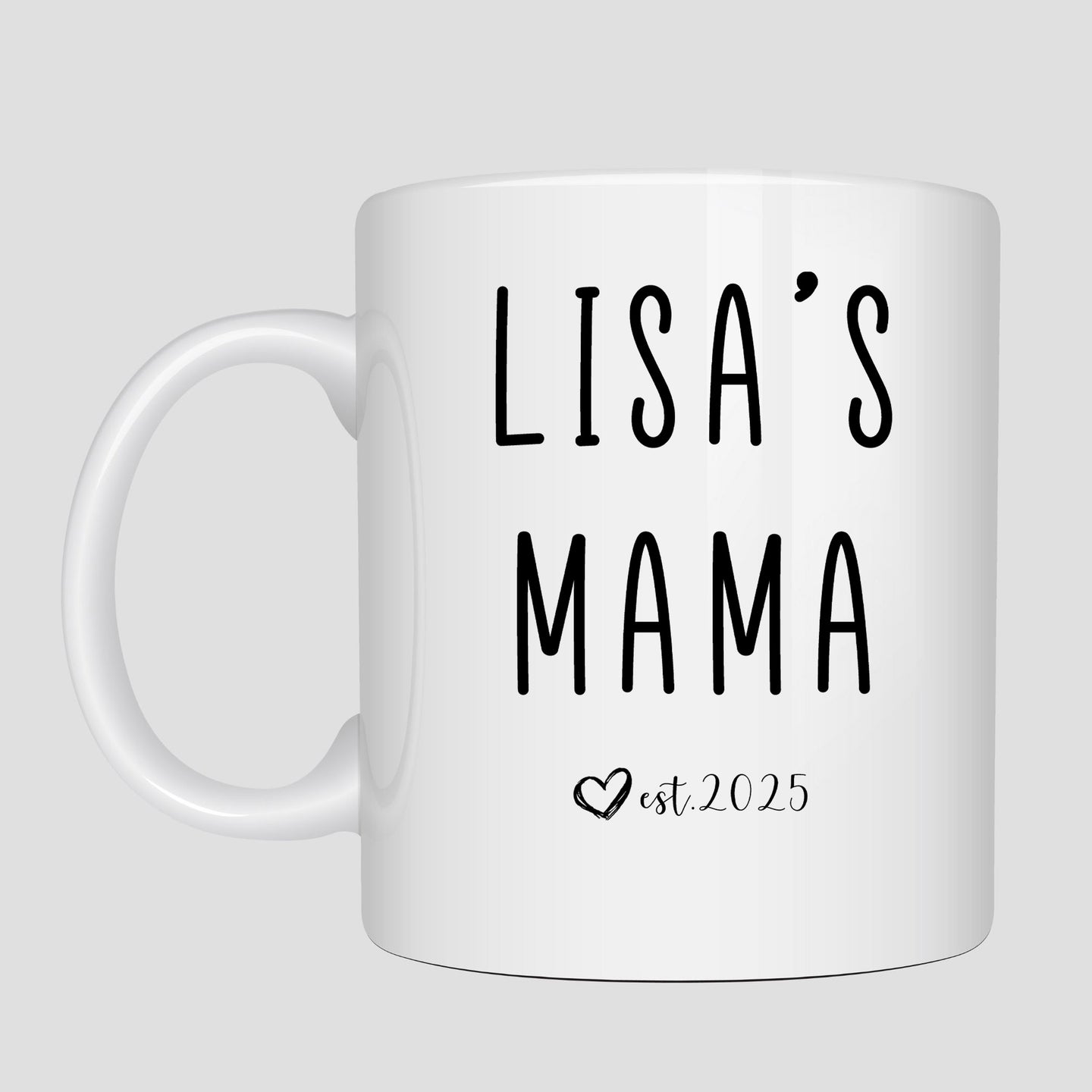 a white coffee mug with the words'lisa's mama'printed on