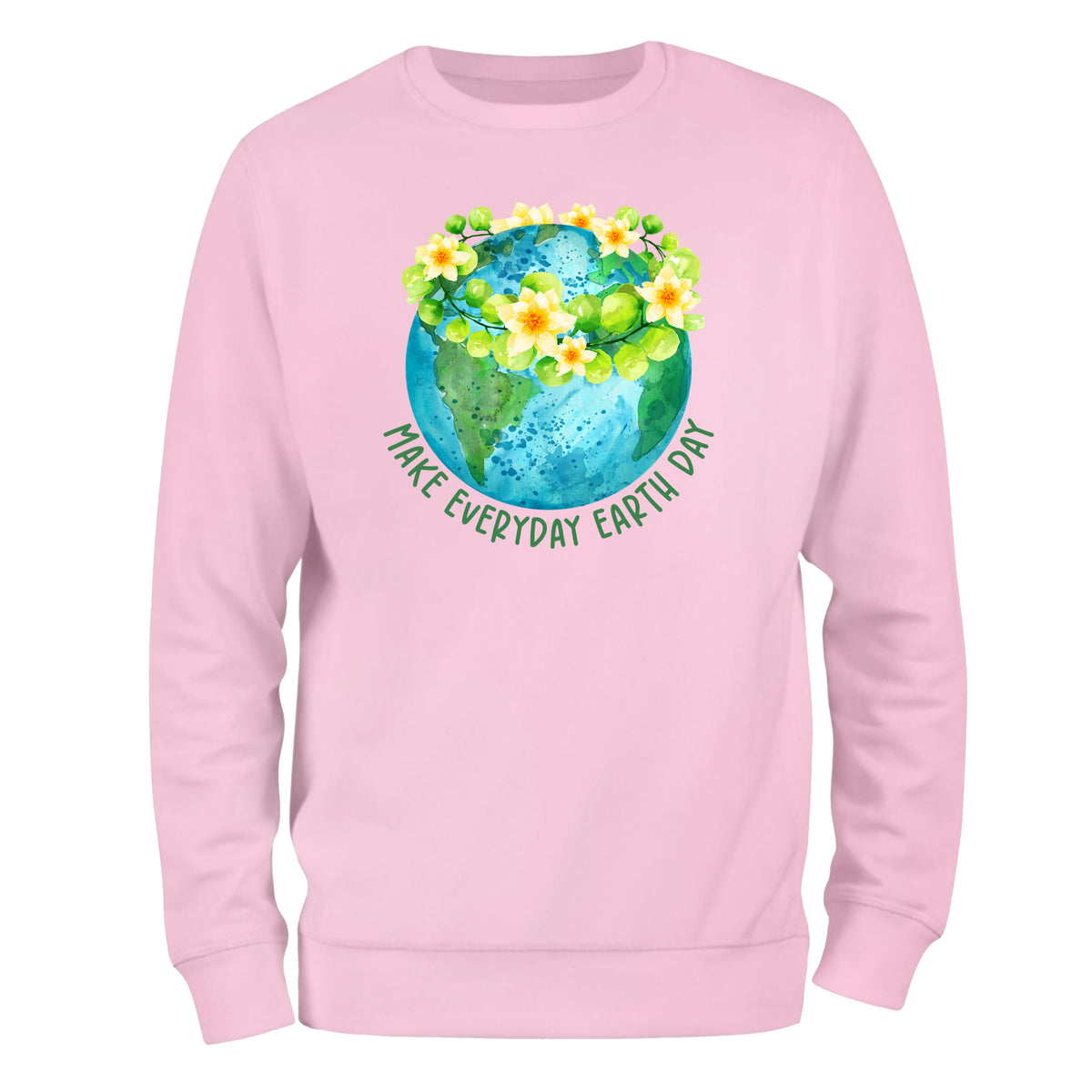 a pink sweatshirt with the earth and flowers on it