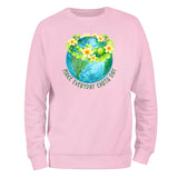 a pink sweatshirt with the earth and flowers on it