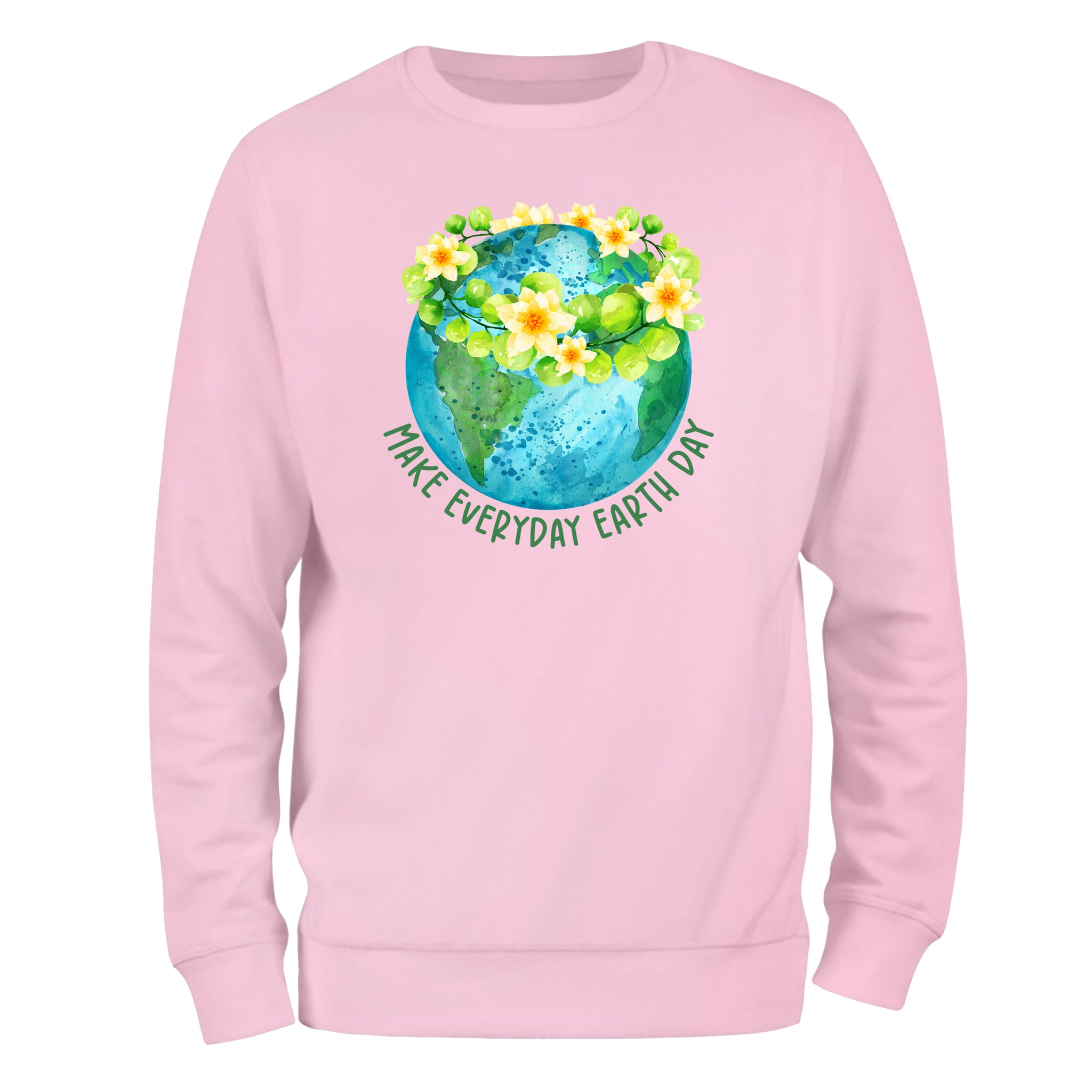 a pink sweatshirt with the earth and flowers on it