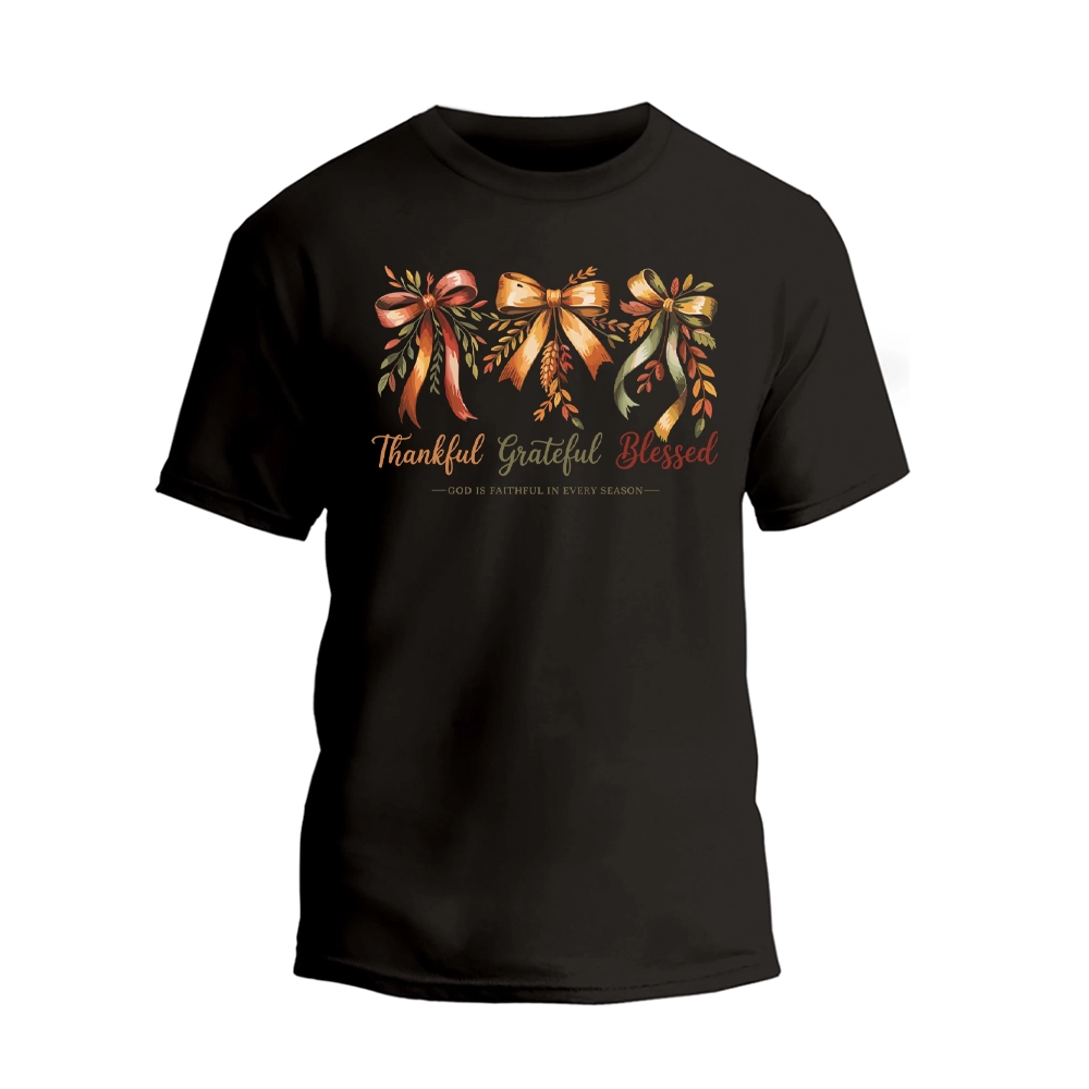 Thankful Grateful Blessed Shirt, Cozy Bow Autumn T-shirt
