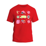 a red t - shirt with school supplies on it