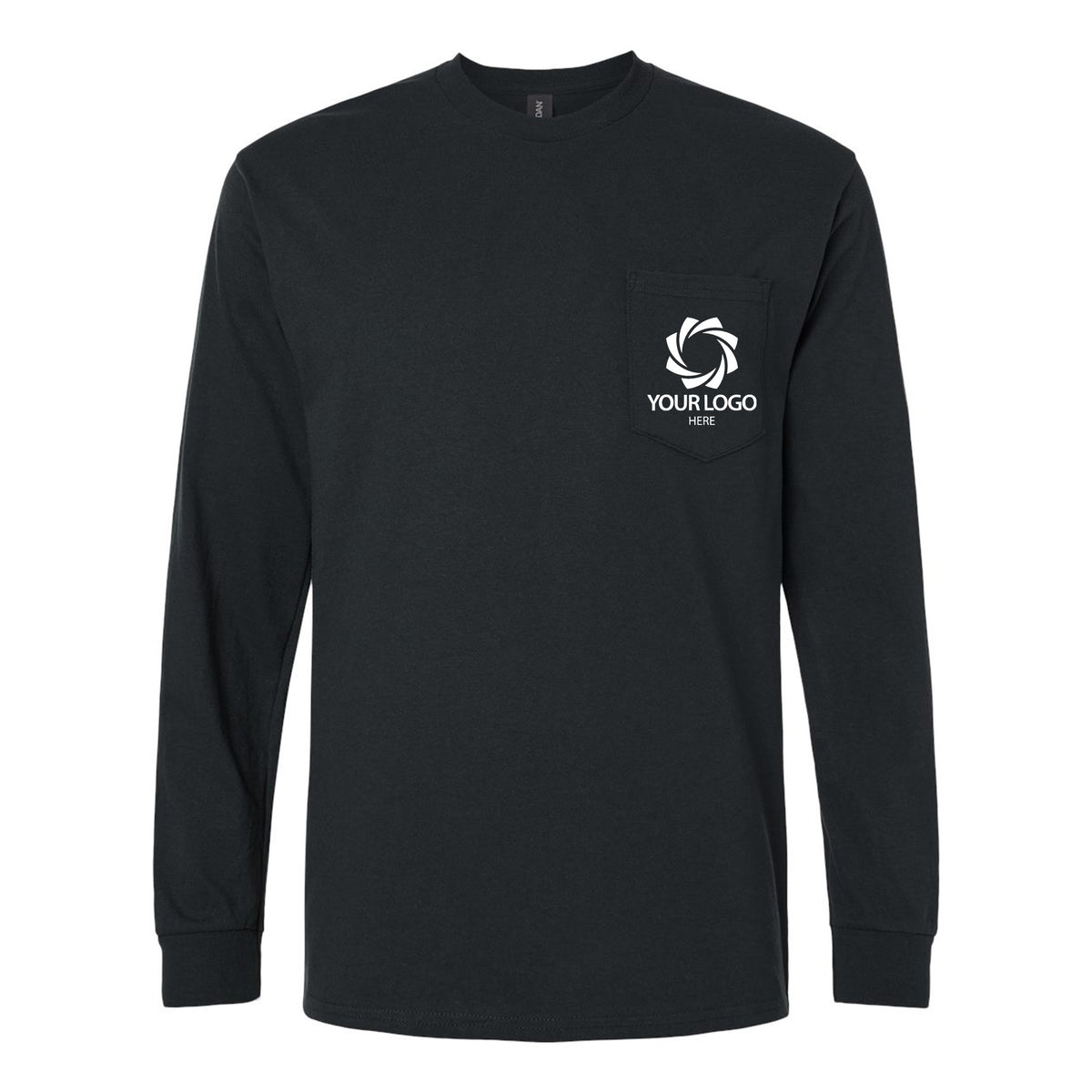 a black long sleeve shirt with a white logo on the chest
