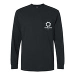 a black long sleeve shirt with a white logo on the chest