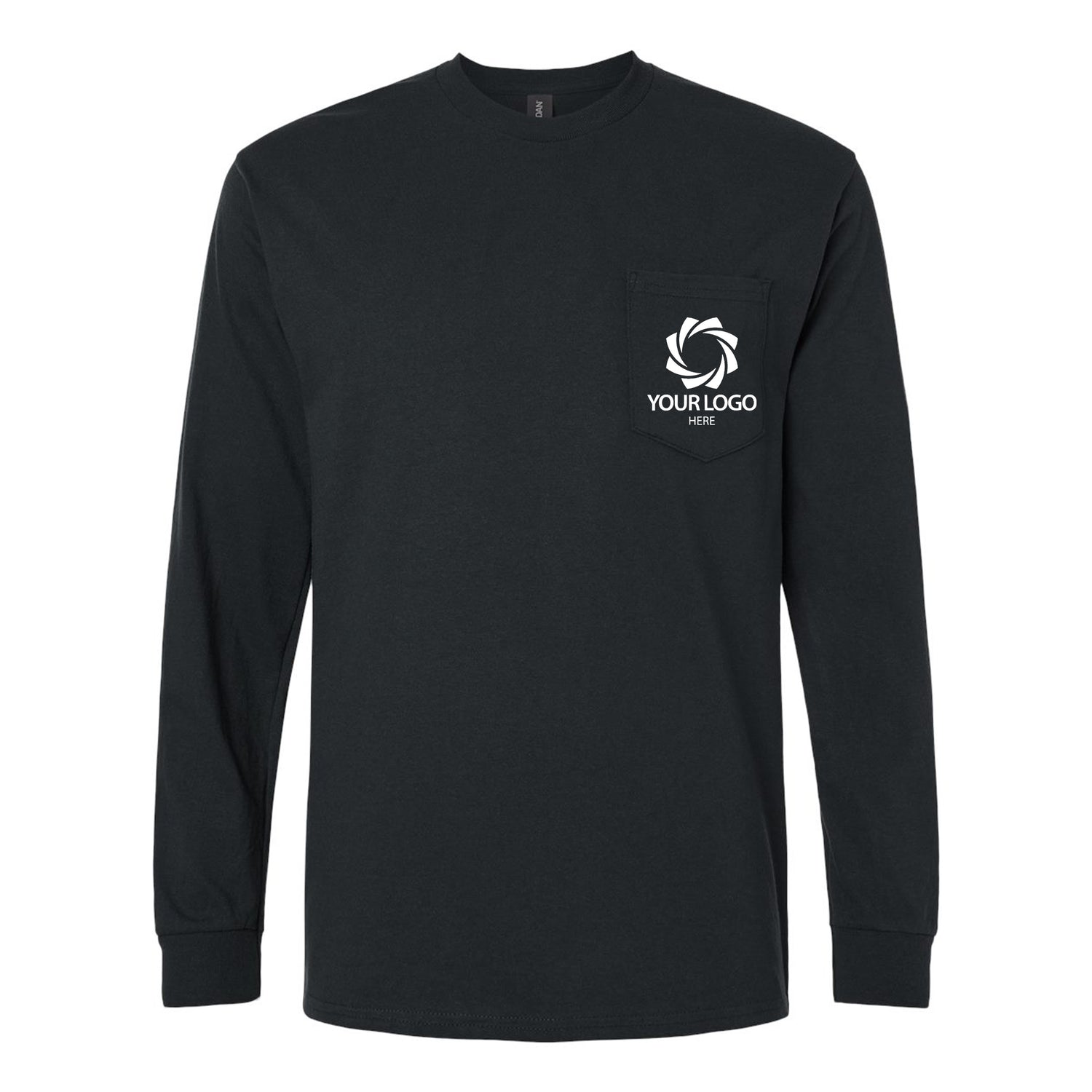 a black long sleeve shirt with a white logo on the chest