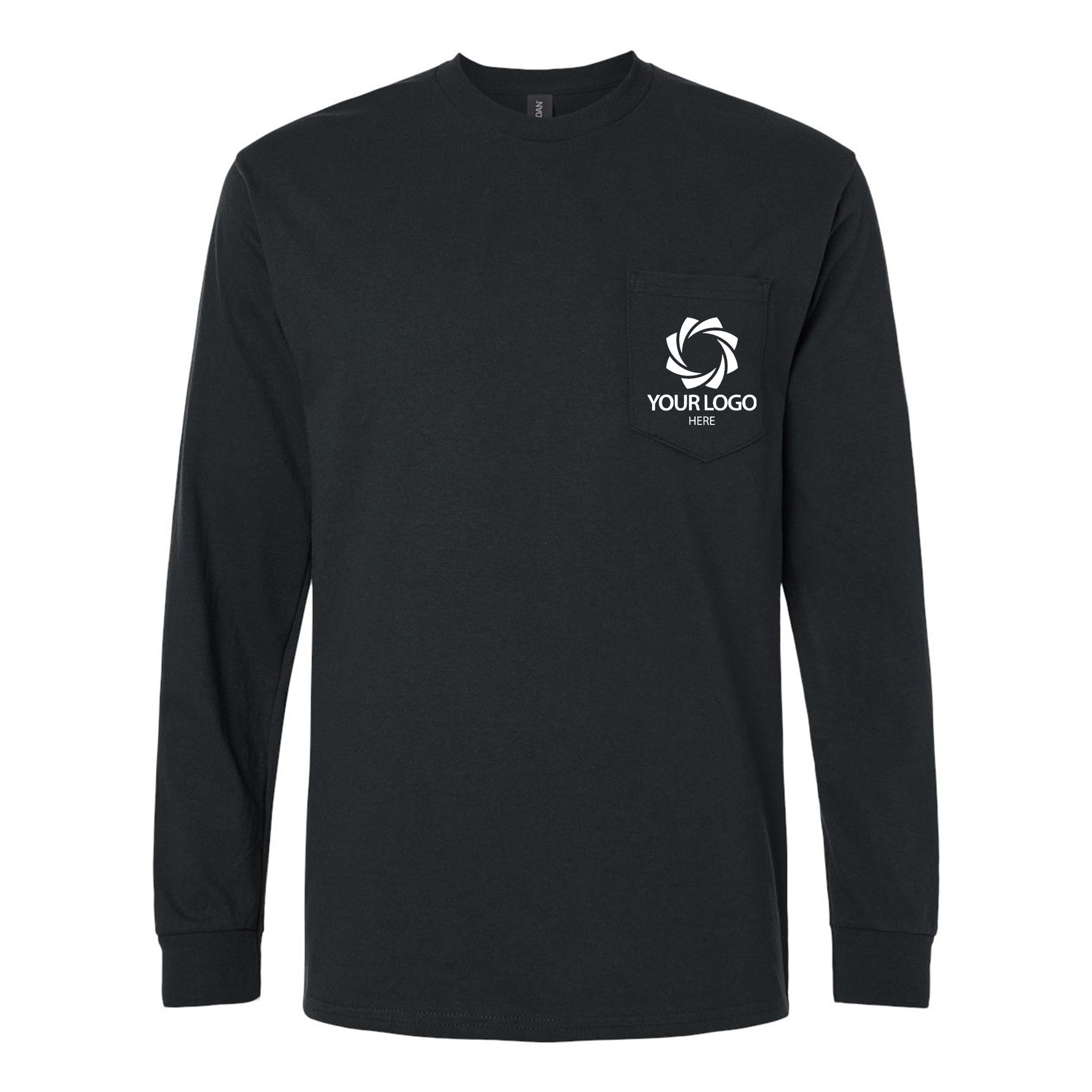 a black long sleeve shirt with a white logo on the chest
