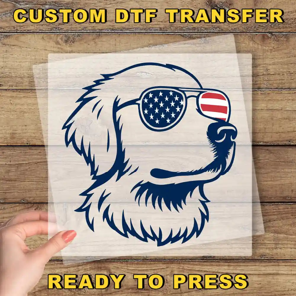 a sticker of a dog wearing sunglasses with the american flag on it