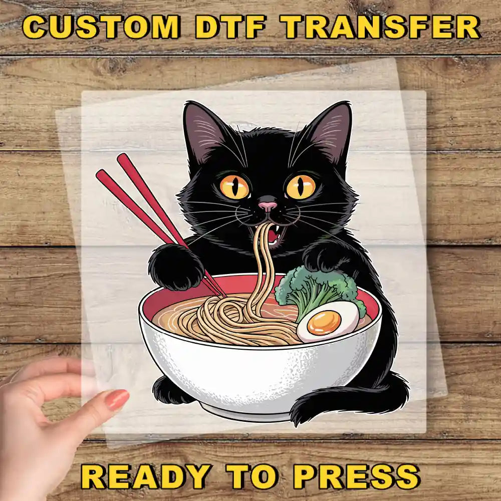 a picture of a black cat eating ramen with chopsticks