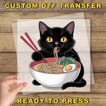 a picture of a black cat eating ramen with chopsticks