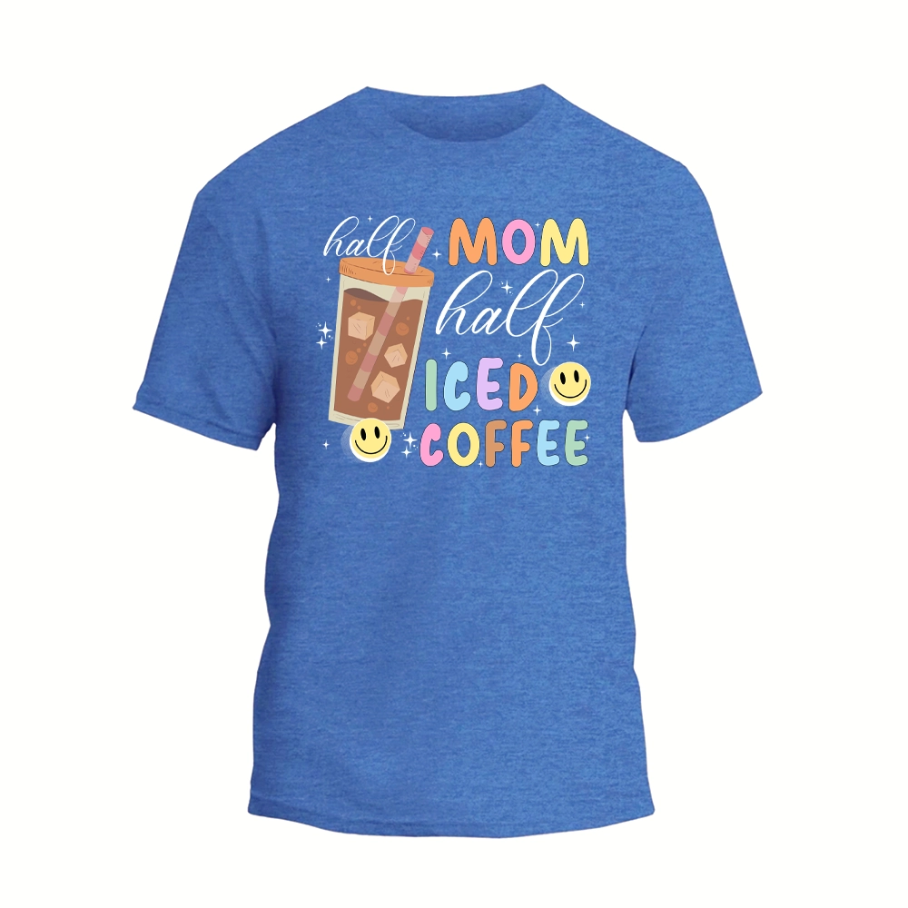 a blue t - shirt with a picture of an iced coffee