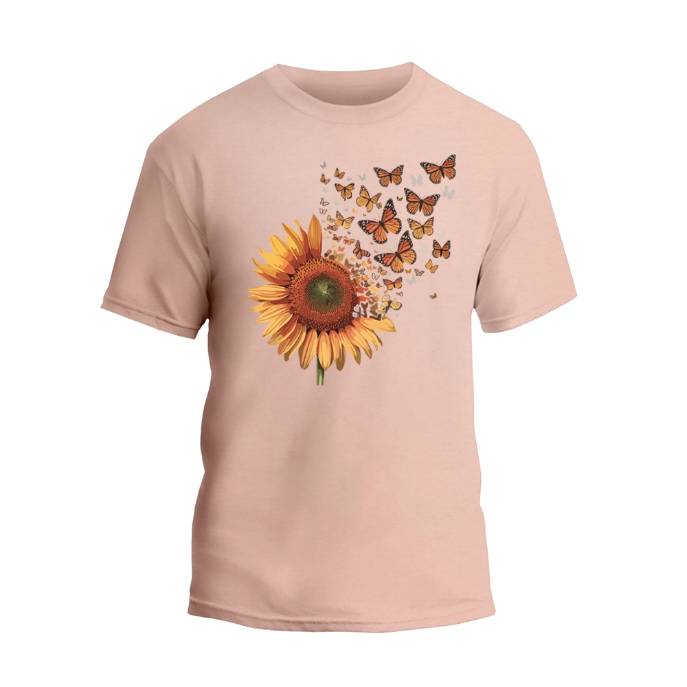 a pink t - shirt with a sunflower and butterflies on it