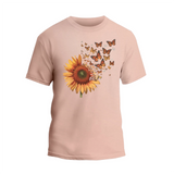 a pink t - shirt with a sunflower and butterflies on it