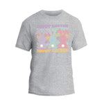 a grey t - shirt with the words happy halloween on it