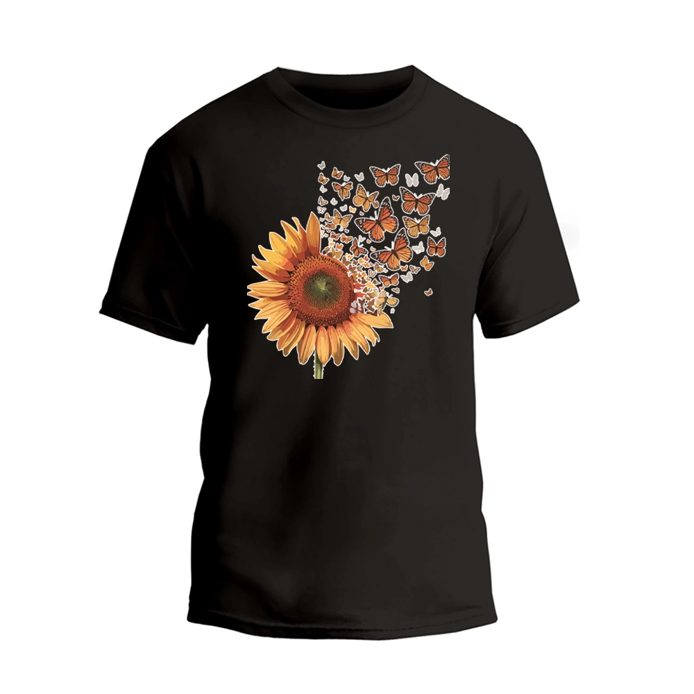 a black t - shirt with a sunflower and butterflies on it