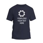 a dark blue t - shirt with a white logo