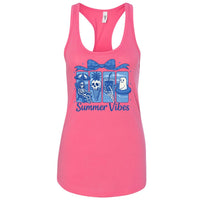 A pink tank top with a graphic design featuring a skeleton, a ghost, and a palm tree, along with the text "Summer Vibes".