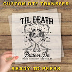 The image is a promotional poster for a "Til Death Do Us Party" event, featuring two skeletons dancing and holding wine glasses. The poster is set against a wooden background and includes text that describes the event as a "Bridal or Die" themed party.