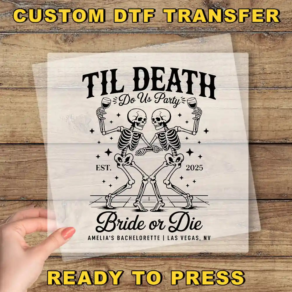 The image is a promotional poster for a "Til Death Do Us Party" event, featuring two skeletons dancing and holding wine glasses. The poster is set against a wooden background and includes text that describes the event as a "Bridal or Die" themed party.