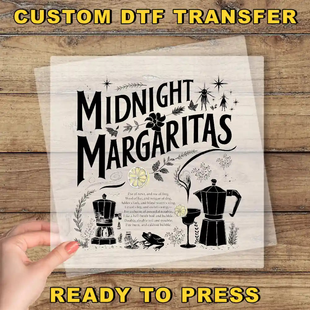 a hand holding a piece of paper with the words midnight margaritas ready to press
