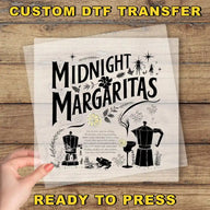 a hand holding a piece of paper with the words midnight margaritas ready to press