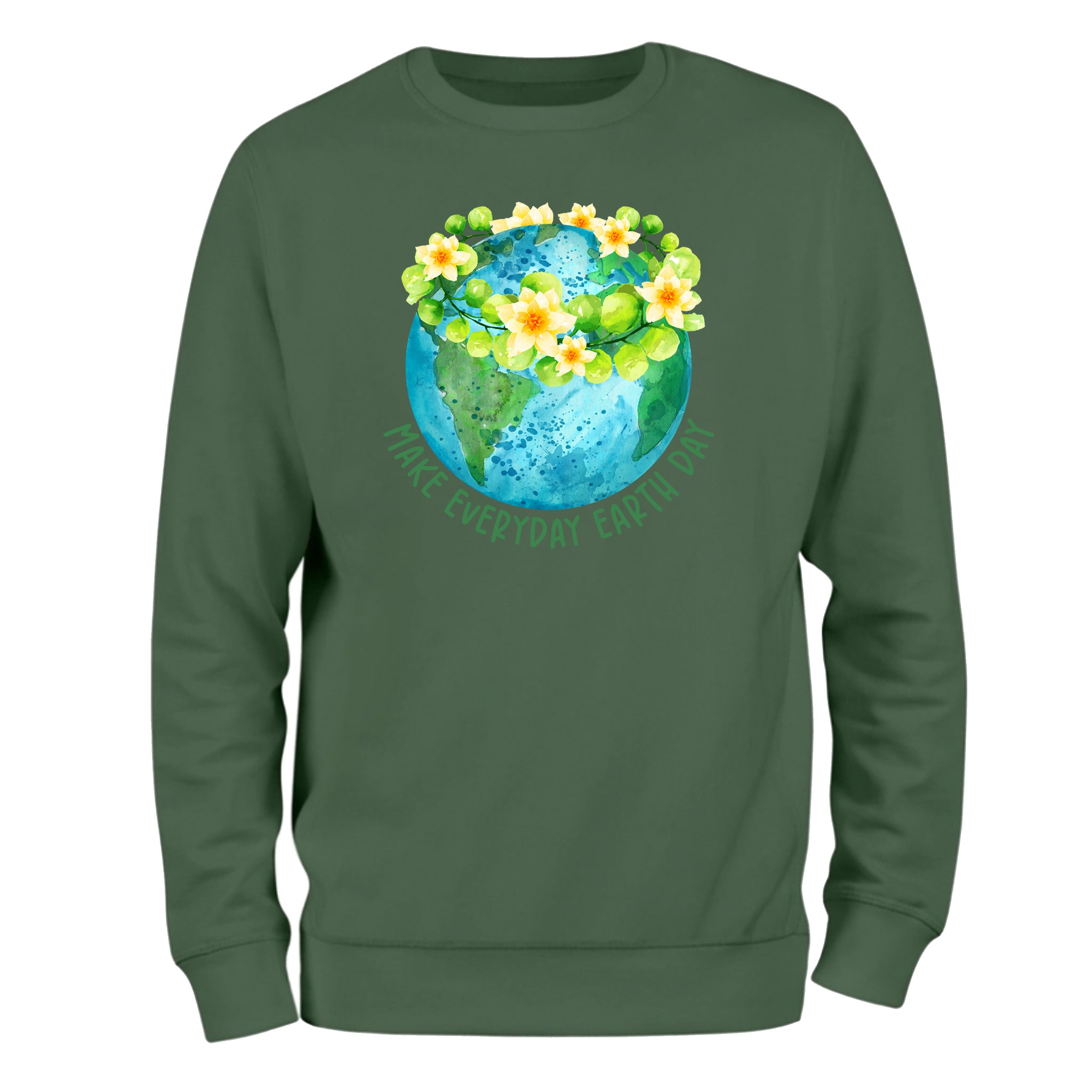 a green sweatshirt with a picture of the earth and flowers