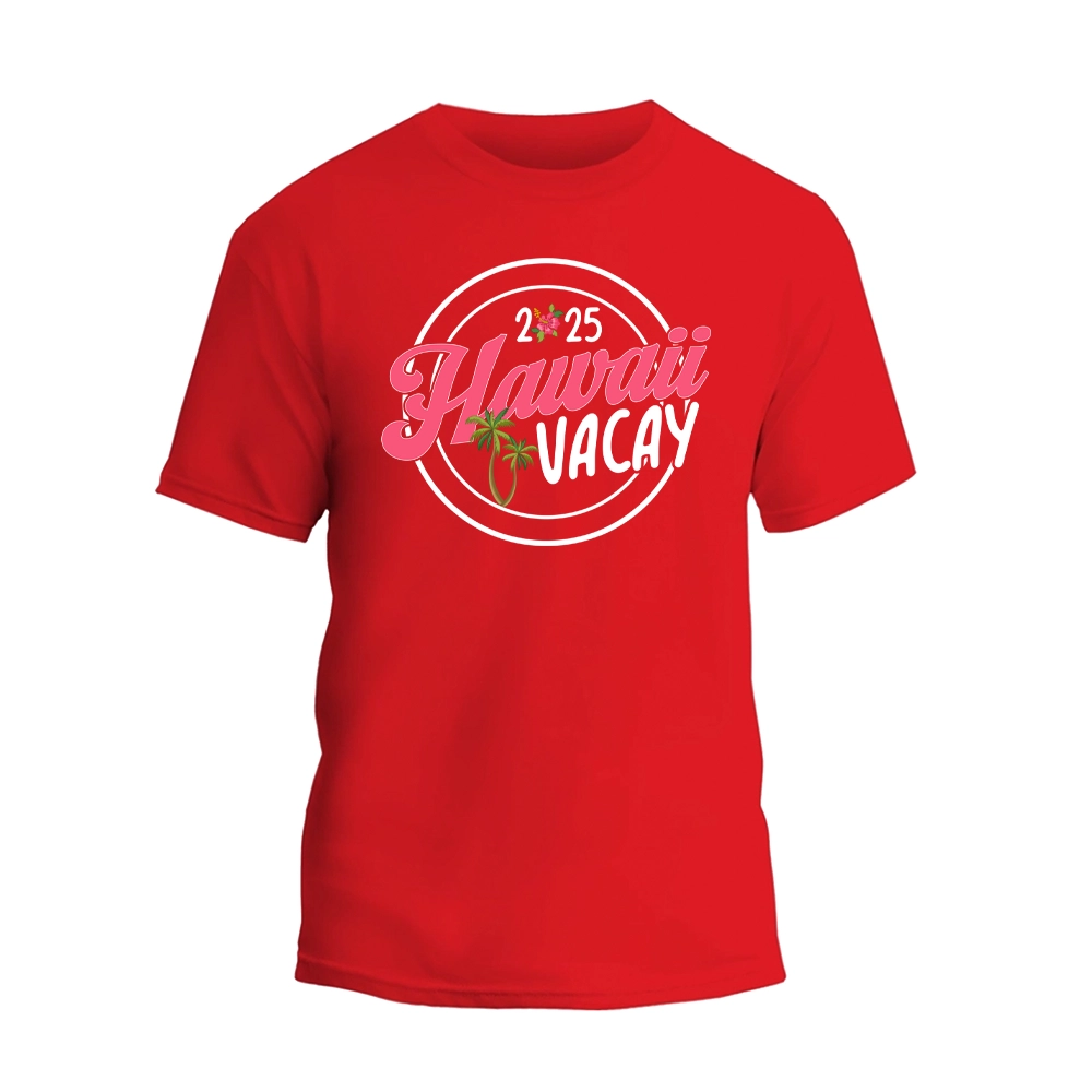 a red t - shirt with the words hawaii and vacay on it
