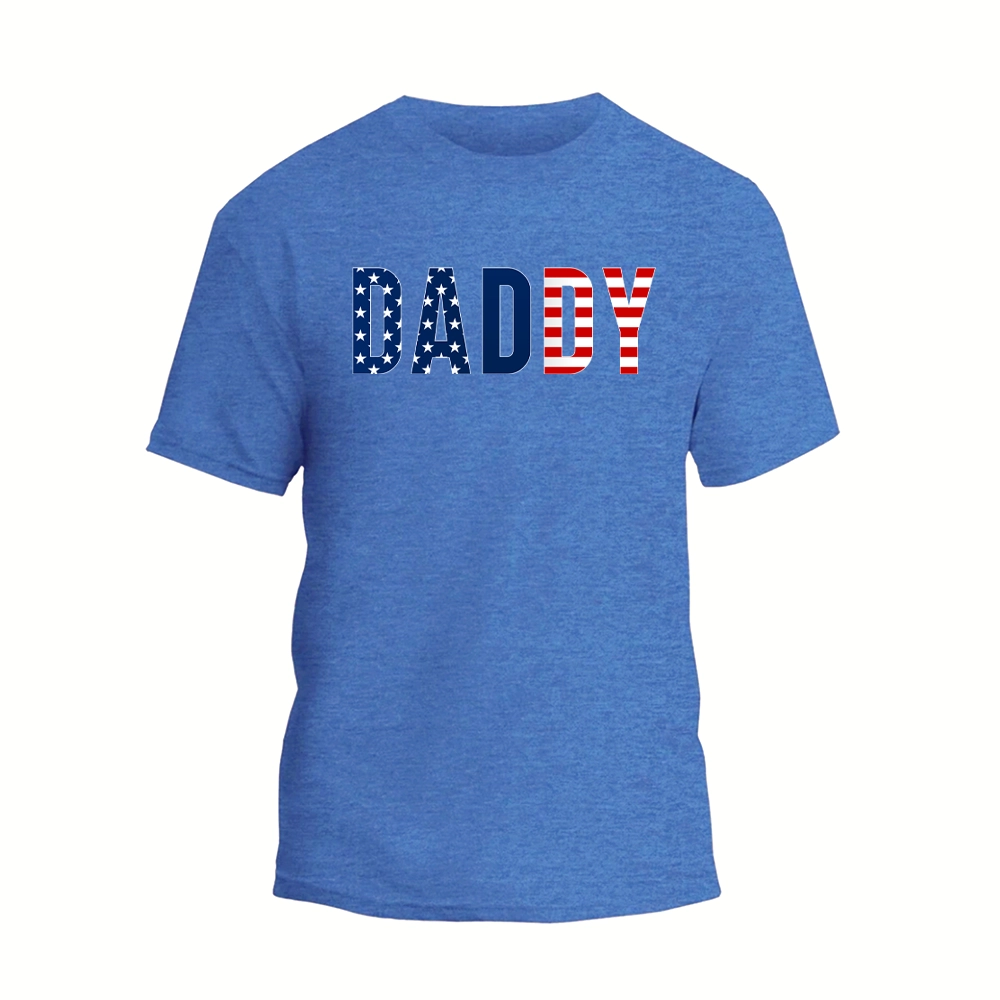 a blue t - shirt with the word dad printed on it