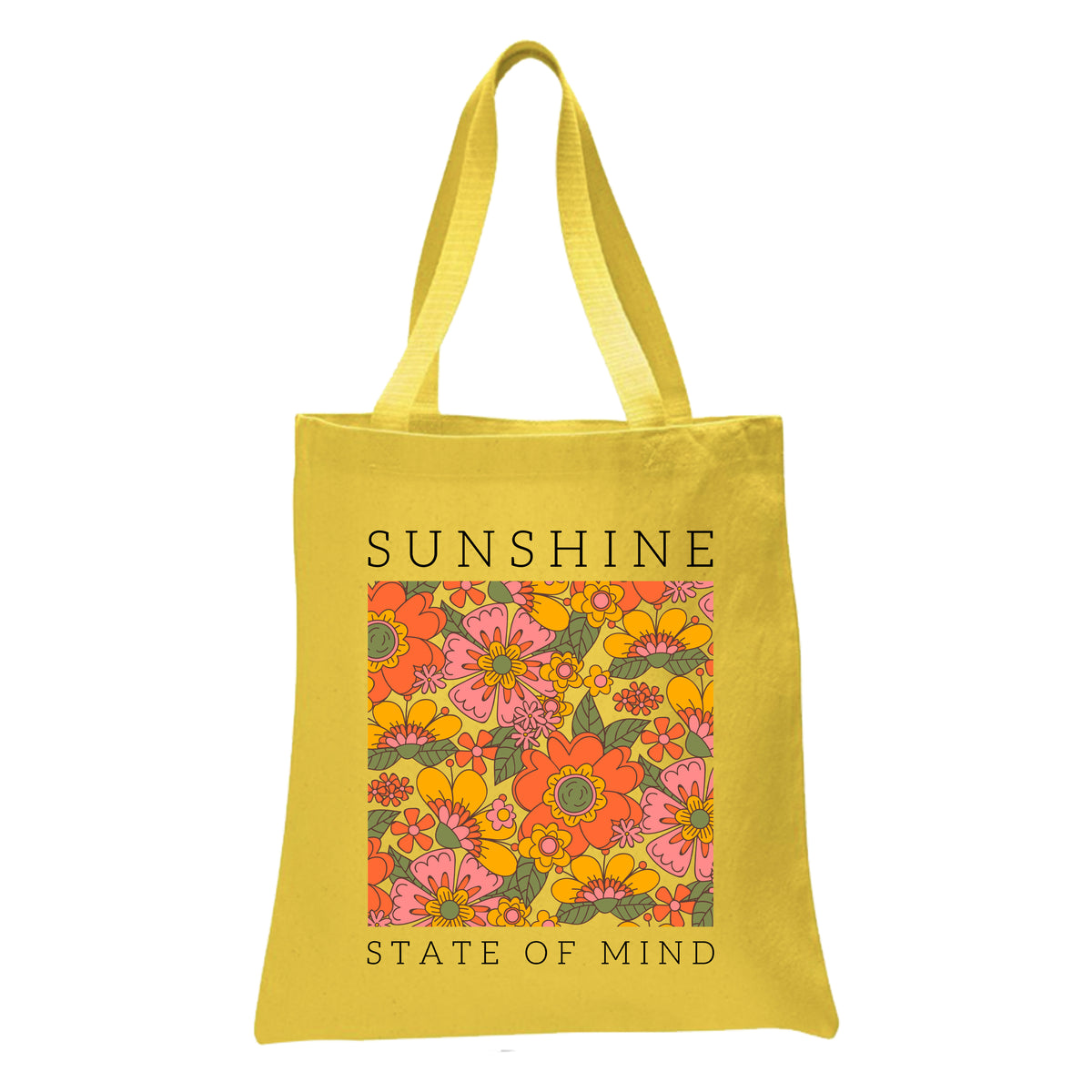 a yellow tote bag with a picture of flowers on it