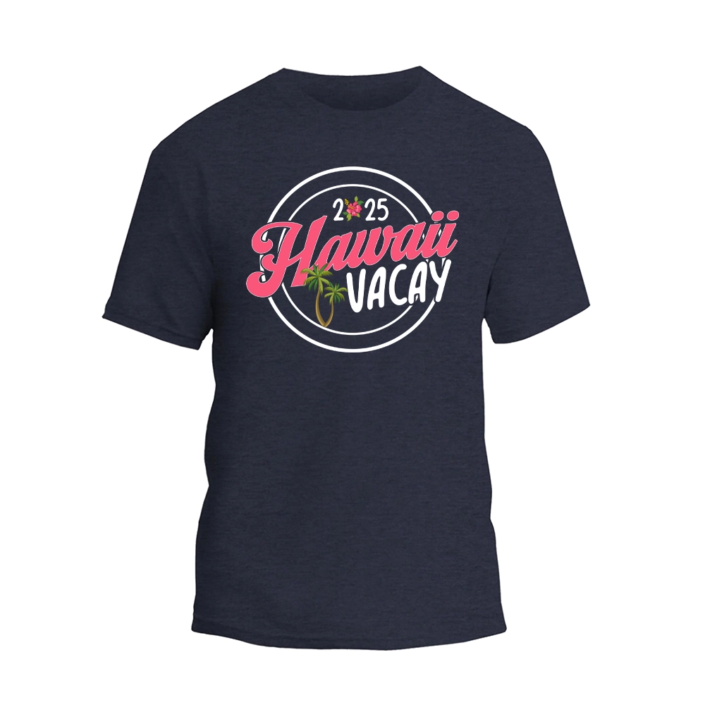 a navy t - shirt with the words hawaii and a palm tree